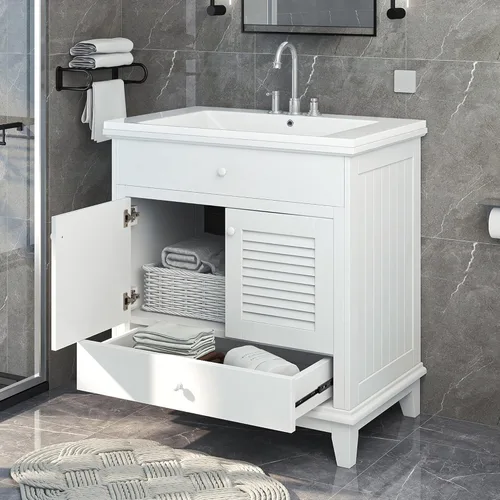 Vista 17 de Tocador de baño multifuncional de 30 pulgadas con lavabo individual, armario combinado de montaje inferior, marco de gabinete de baño de madera