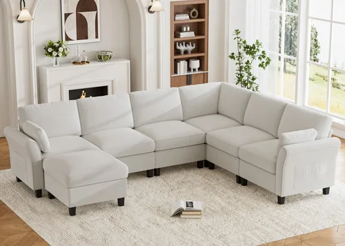 Vista 23 de Legend Vansen Sofá modular seccional, cómodo sofá modular en forma de U de 6 asientos con espacio de almacenamiento y diván, sofás seccionales Crema
