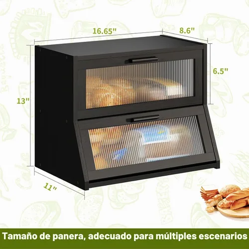 Vista 7 de Panera grande de bambú - Soporte para pan de encimera de doble capa, color negro