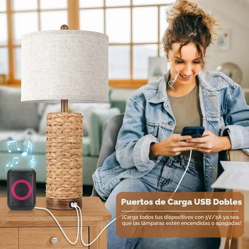 Vista 4 de Lámpara de mesa de ratán para sala de estar con 2 puertos USB, lámpara de mesa de dormitorio de 27 pulgadas de altura con base de sarga marina hecha
