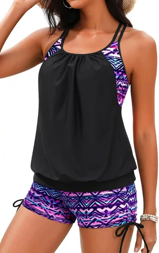 Vista 31 de Holipick Trajes de baño tankini de dos piezas con control abdominal, top de baño tipo blusa con shorts estilo boy shorts Verde Aqua