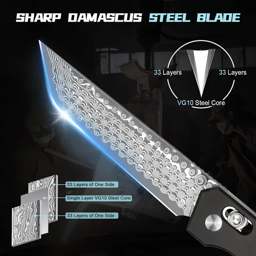 Vista 3 de AUBEY Damascus Axis Lock - Cuchillo de bolsillo con bloqueo de barra transversal de 3.46 pulgadas, cuchillos plegables con clip para hombres y Mango