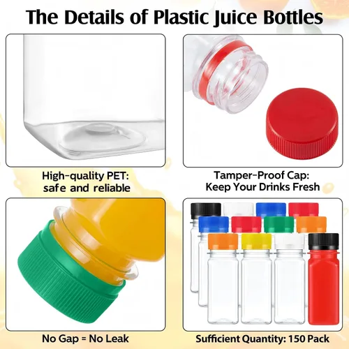 Vista 6 de Sliner 150 botellas de plástico transparente de 2 onzas, mini botella de jugo con tapa de rosca, pequeño frasco de líquido vacío, reutilizable