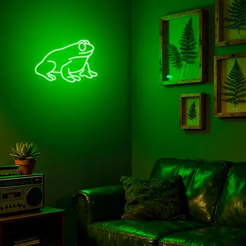 Vista 2 de Lampeez Letrero de neón de rana, decoración de pared de lámpara de rana, letreros de arte de neón LED regulables alimentados por USB, para cueva