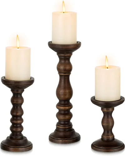 Vista 10 de Romadedi - Portavelas de madera para pilar, marrón oscuro, juego de 3 Portavelas rústico vintage, decoración de soporte de vela de granja