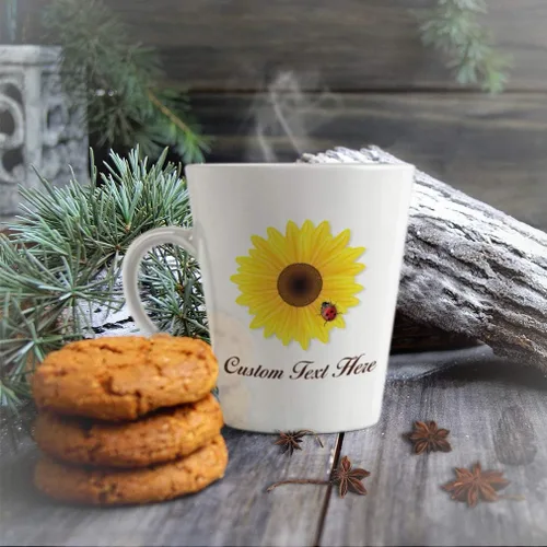 Vista 4 de Taza de café con leche personalizada de cerámica Taza de girasol y mariquita Naturaleza Flores y plantas Taza de té 12 Oz Texto personalizado aquí