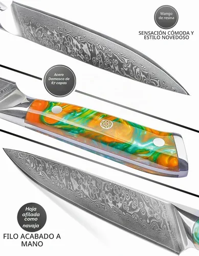 Vista 3 de Cuchillo para cortar carne de acero Damasco VG10 de 9 pulgadas, mango naranja de fantasía de resina Cuchillo para rebanar naranja fantasía