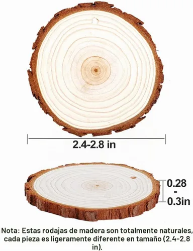 Vista 9 de wohohoho 24 piezas de rebanadas de madera natural de 2.4 a 2.8 pulgadas, kit de madera para manualidades sin terminar, preperforado con agujero