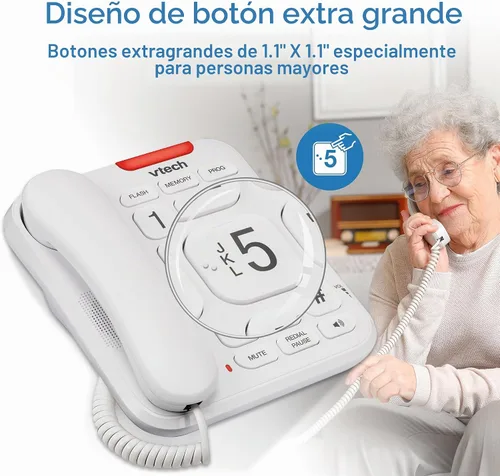 Vista 2 de Teléfono con cable VTech SN1107 con botones sobredimensionados de alto contraste, dígitos parlantes para personas mayores, marcación rápida de 10