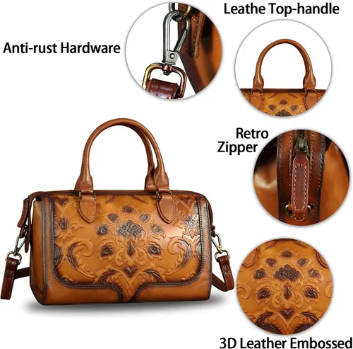 Vista 6 de Bolso de mano de cuero genuino con asa superior para mujer, hecho a mano, vintage, retro, de piel de vaca, bolso cruzado Genuine Leather, Top