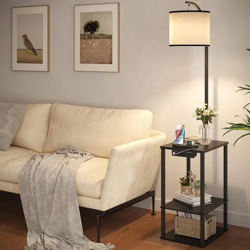 Vista 2 de Lámpara de pie SUNMORY con mesa, mesa auxiliar para sala de estar con lámpara, mesa lateral con estantes y estación de carga (puerto USB y AC)