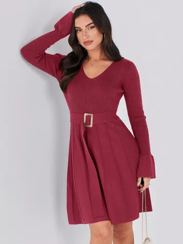 Vista 3 de ANRABESS Vestido tipo suéter de manga larga con cuello en V y lazo en la cintura, plisado, acampanado, elegante, de punto acanalado, vestido midi