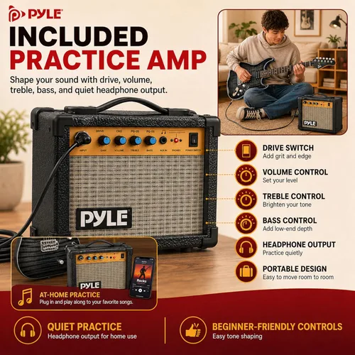 Vista 3 de Pyle Kit de guitarra eléctrica con amplificador, instrumento de tamaño completo con pastillas Humbucker, amplificador de guitarra eléctrica y Negro