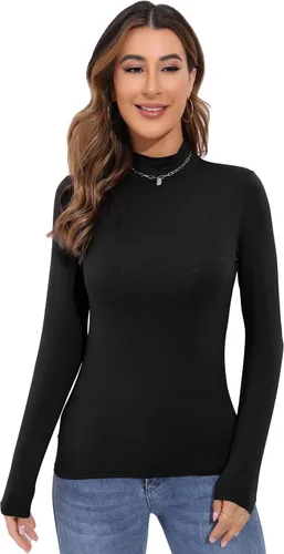 Vista 2 de Camisetas térmicas básicas de manga larga para mujer, camisetas ligeras con cuello alto falso, ajustadas, de capa suave