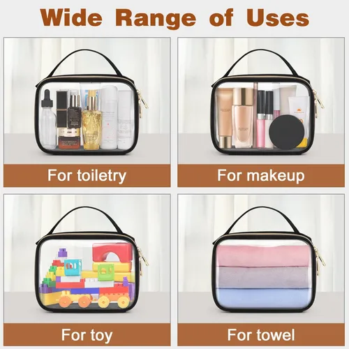 Vista 6 de Bolsa de aseo transparente Wedama, paquete de 2 bolsas de maquillaje transparentes con asas, bolsas cosméticas de PVC para mujeres y hombres, bolsas