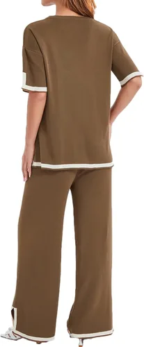 Vista 2 de Conjunto casual de 2 piezas para mujer, pantalones de pierna ancha y suéter de punto para verano y otoño