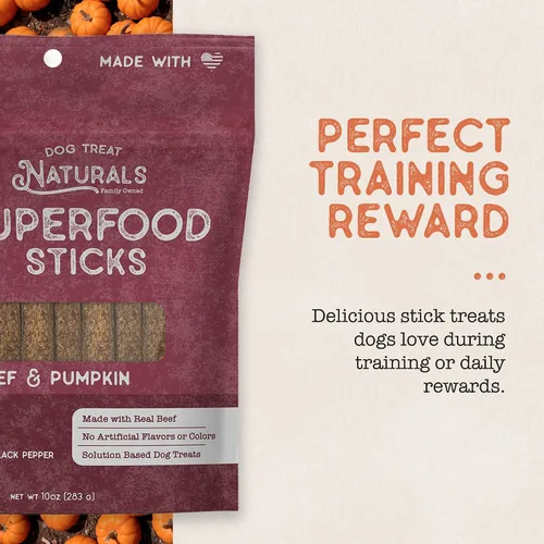 Vista 3 de Dog Treat Naturals Palitos de superalimento, carne de res y calabaza, bolsa de 10 onzas, palitos masticables para perros, totalmente naturales