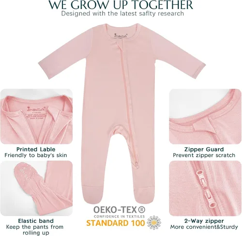 Vista 3 de Jimonda Pijama de bambú para bebé, unisex, para niños y niñas, de una pieza, manga larga, cierre de cremallera de 2 vías, mameluco