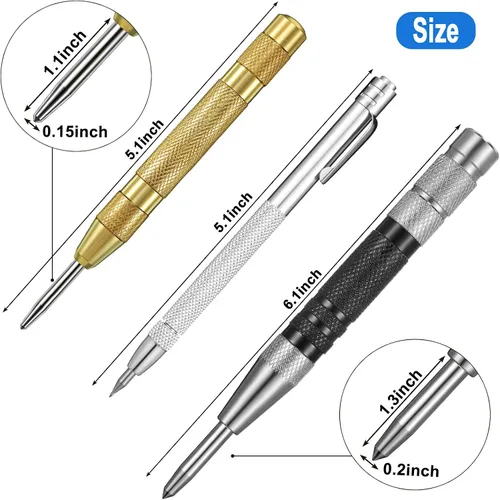 Vista 2 de Honoson 3 piezas de punta de carburo de tungsteno con imán de grabado de aluminio pluma con clip y punzón central automático con resorte para vidrio