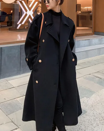 Vista 4 de chouyatou Abrigo de guisante de lana largo midi de doble botonadura para mujer con solapa de muesca, gabardina de invierno Negro