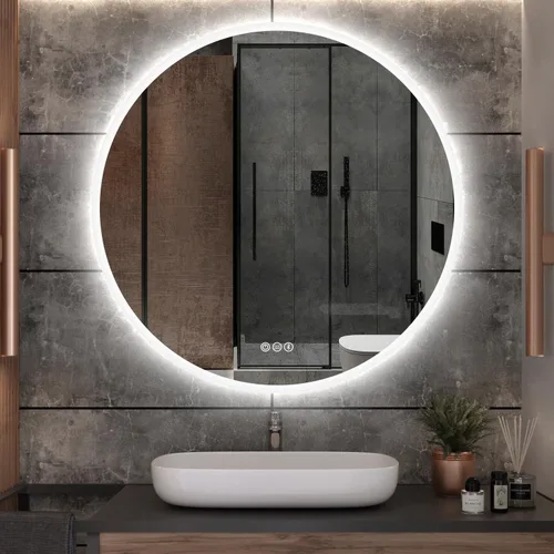 Vista 2 de S·BAGNO - Espejo de baño redondo de 32 luces con marco acrílico, espejo de baño LED de tocador montado en la pared, atenuación, cambio