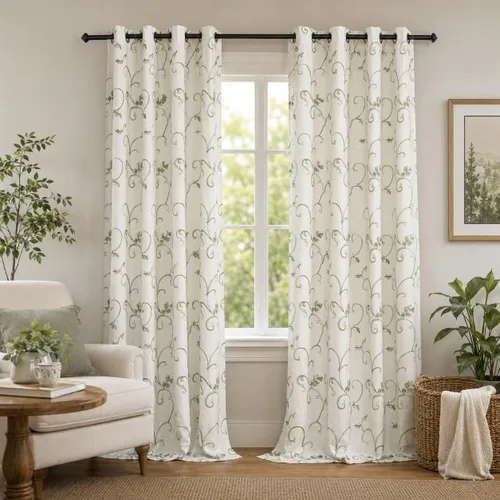 Vista 16 de VOGOL - Cortinas de 2 paneles con ramas bordadas de lino sintético con ojales, cortinas para dormitorio/sala de estar, paneles de tratamiento