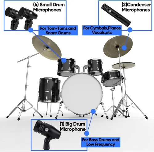 Vista 7 de W IN-MIX Kit de micrófono de tambor dinámico con cable de 7 piezas (completamente metálico) - Micrófono para patada, graves, tom/redoblante