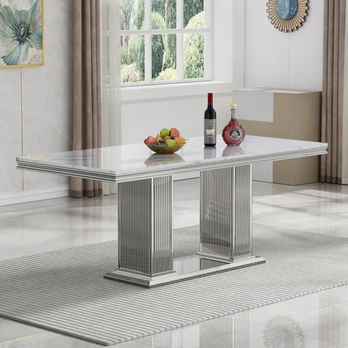 Vista 21 de Mesa de comedor de mármol negro para 4, 6, 70 pulgadas, moderna mesa de comedor de cocina dorada con base de acero inoxidable con diseño