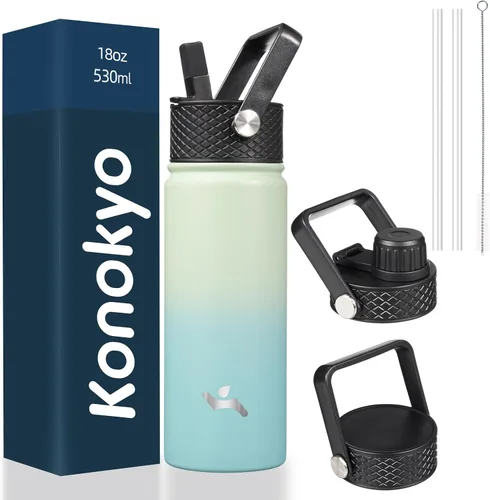 Vista 17 de Konokyo - Botella de agua aislada de 18 onzas, botellas deportivas de acero inoxidable con 3 tapas, verde militar