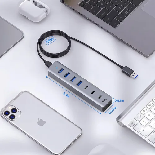 Vista 6 de Hub USB3.0 de 7 puertos, 4 USB-A y 3 USB-C multipuerto USB Splitter
