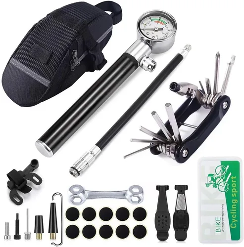 Vista 10 de YBEKI Kit de reparación de neumáticos de bicicleta con mini bomba de 210 PSI y multiherramienta 10 en 1 Incluye rompedor de cadena, parches sin