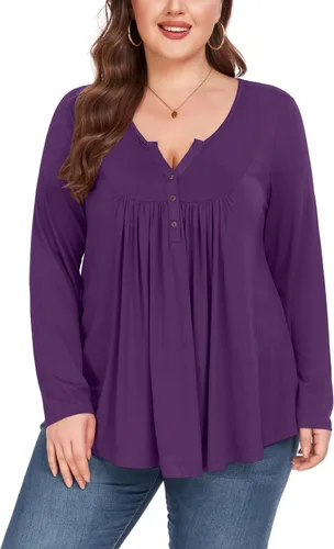 Vista 2 de Camiseta básica para mujer, talla grande, cuello Henley, con botones, ajuste holgado, estilo casual