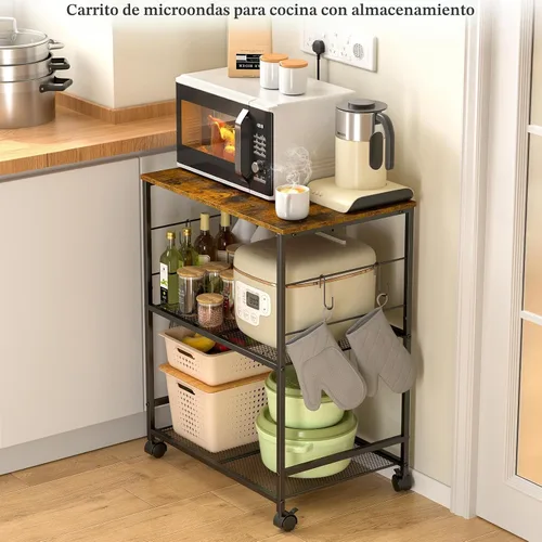 Vista 5 de ThreeHio Carrito de microondas de cocina rodante, soporte de mesa de microondas de 3 niveles con almacenamiento, carrito de cocina con ruedas