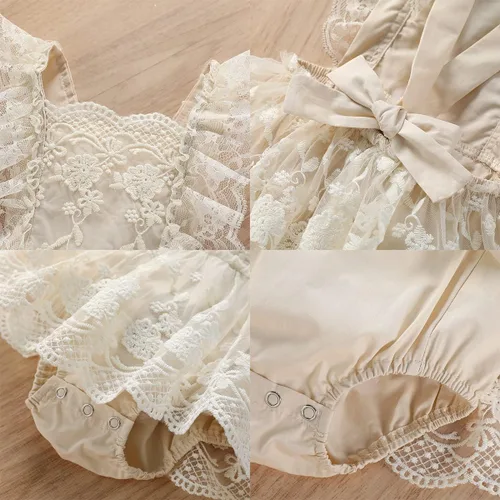 Vista 6 de ODASDO Mameluco de encaje para bebé niña con bordado delicado sin espalda con diadema de flores, 2 piezas de traje de pastel