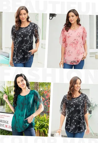 Vista 7 de HAOMEILI Blusas de malla de manga 34 con volantes para mujer, blusas holgadas y elásticas
