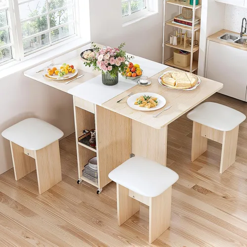 Vista 8 de furlinkhm Juego de mesa de comedor plegable para 4, mesa de comedor con 4 sillas y estantes de cuero, mesa de comedor plegable que ahorra espacio