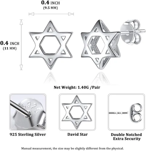 Vista 3 de ChicSilver Pendientes hipoalergénicos de plata de ley 925 con diseño de estrella de David para mujer con caja de regalo