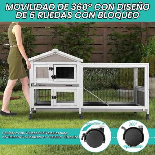 Vista 6 de Ketive - Conejera de 2 niveles con ruedas, jaula para animales pequeños para interiores y exteriores