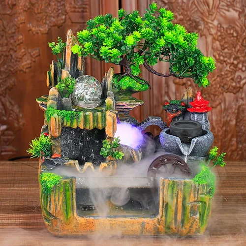 Vista 17 de Fuente de agua de mesa, mini fuente de cascada silenciosa con luces LED coloridas y atomizador, silenciosa rocalla de escritorio para relajación