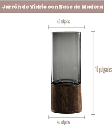 Vista 2 de Jarrón de vidrio de madera artístico, 10 pulgadas de alto, jarrón cilíndrico con base de madera, estilo rústico clásico bohemio para chimenea