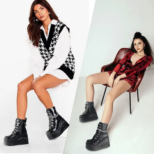 Vista 3 de Erocalli Botas de plataforma góticas para mujer con cordones con cadena botines cortos con tachuelas