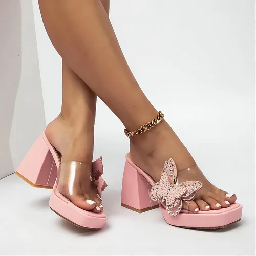 Vista 6 de NEWBELLA Sandalias de tacón alto de mariposa con diamantes de imitación, tacones gruesos con punta cuadrada abierta, pantuflas de verano sin