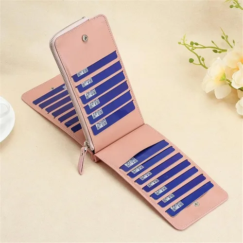 Vista 4 de Cartera larga multifuncional, bolsillo con cremallera para mujer de cuero para tarjetas de crédito, billetera plegable de cuero para tarjetas