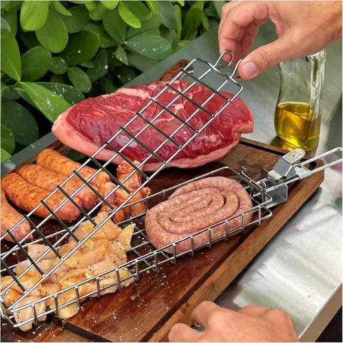Vista 5 de Cesta de parrilla de acero inoxidable, rectangular, negra, perfecta para asar al aire libre, verduras, pescado, camarones, brochetas