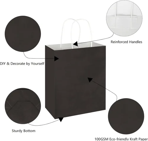 Vista 3 de Toovip - Paquete de 50 bolsas de papel kraft negro mediano de 8"x4.75"x10" con asas a granel, bolsas de papel para envolver regalos para recuerdos