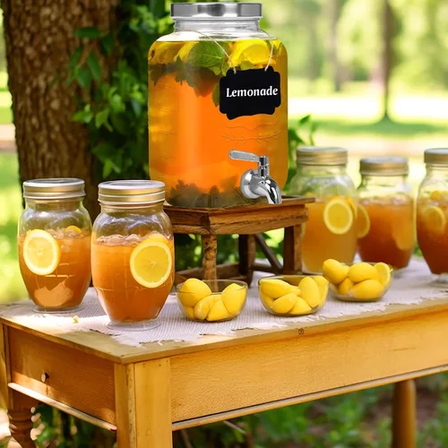 Vista 7 de Moretoes Dispensador de bebidas de vidrio de 1 galón para fiestas, dispensador de bebidas para jugo y té helado, tarro hermético de vidrio para té