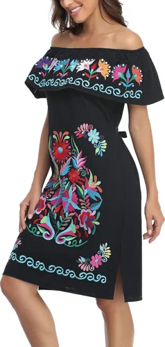 Vista 8 de YZXDORWJ Vestido bordado mexicano sin mangas con cuello de volantes para mujer