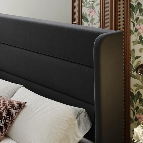 Vista 4 de SHA CERLIN - Base de cama tamaño Full con cabecera tapizada en terciopelo y diseño acanalado vertical; plataforma de cama tapizada con listones