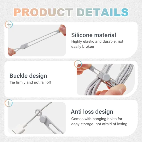 Vista 4 de Organizador de cables de datos, bridas de silicona actualizadas 2026, organizador de cables reutilizable, cable elástico multiusos para agrupar 12