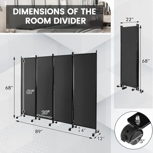 Vista 6 de Giantex Divisor de habitación de 4 paneles con rodillos gris: pantalla de privacidad plegable independiente de 5.7 pies, divisor de pared de 89